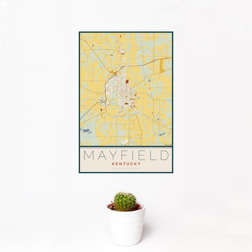 12x18 Mayfield Kentucky Map Print Portrait Orientation in Woodblock Style With Small Cactus Plant in White Planter