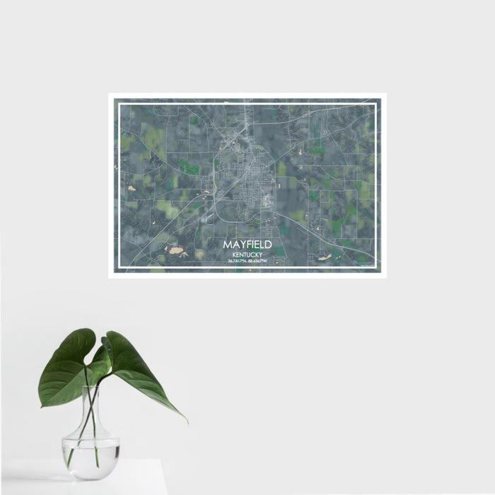 16x24 Mayfield Kentucky Map Print Landscape Orientation in Afternoon Style With Tropical Plant Leaves in Water