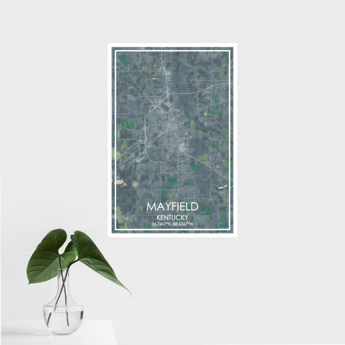 16x24 Mayfield Kentucky Map Print Portrait Orientation in Afternoon Style With Tropical Plant Leaves in Water