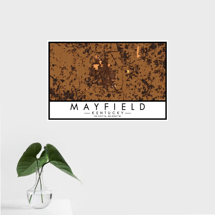 16x24 Mayfield Kentucky Map Print Landscape Orientation in Ember Style With Tropical Plant Leaves in Water