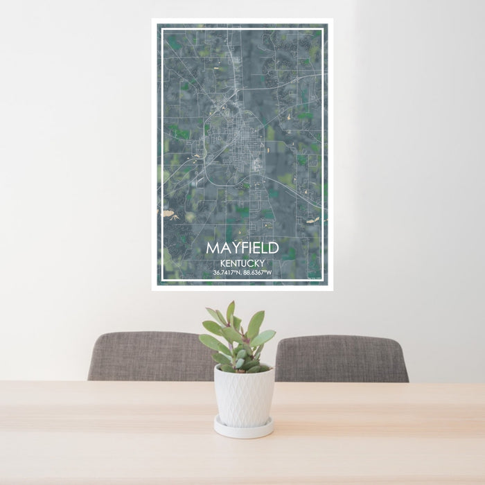 24x36 Mayfield Kentucky Map Print Portrait Orientation in Afternoon Style Behind 2 Chairs Table and Potted Plant