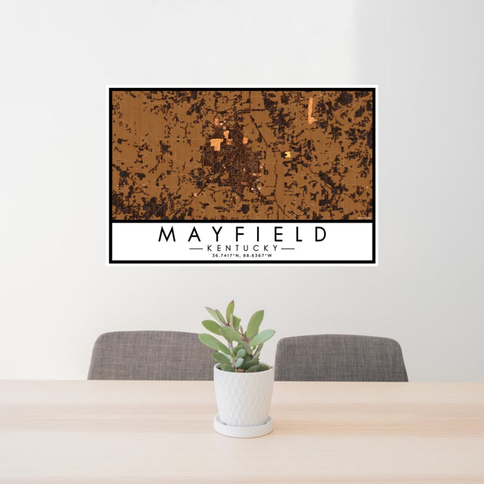 24x36 Mayfield Kentucky Map Print Lanscape Orientation in Ember Style Behind 2 Chairs Table and Potted Plant