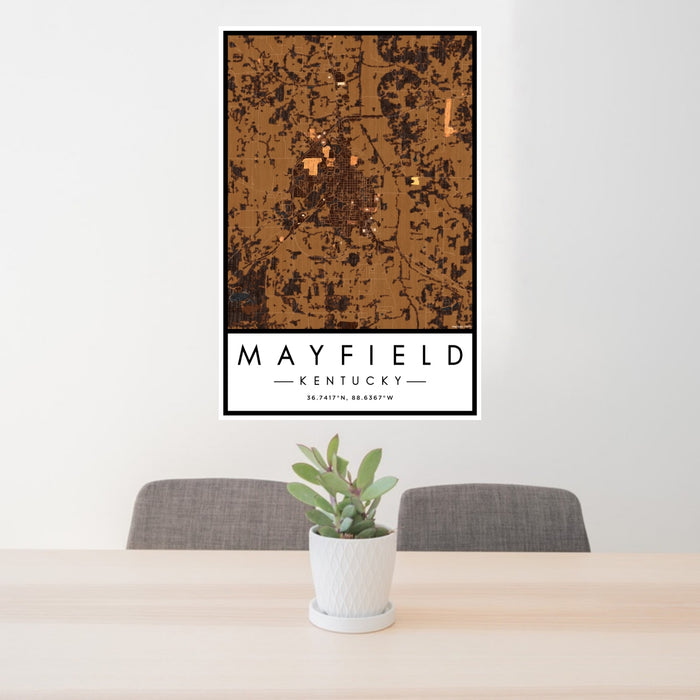24x36 Mayfield Kentucky Map Print Portrait Orientation in Ember Style Behind 2 Chairs Table and Potted Plant