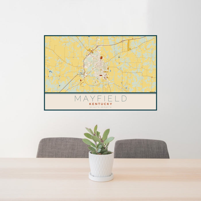 24x36 Mayfield Kentucky Map Print Lanscape Orientation in Woodblock Style Behind 2 Chairs Table and Potted Plant