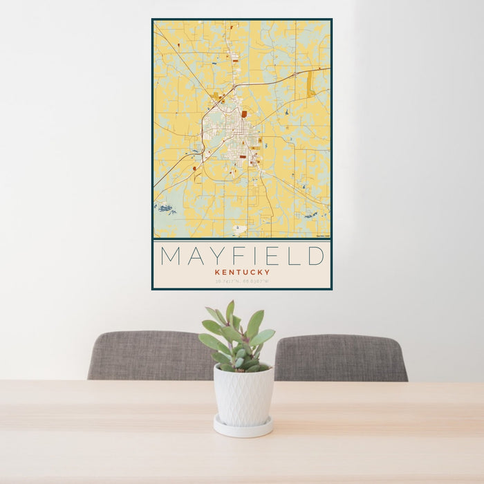 24x36 Mayfield Kentucky Map Print Portrait Orientation in Woodblock Style Behind 2 Chairs Table and Potted Plant