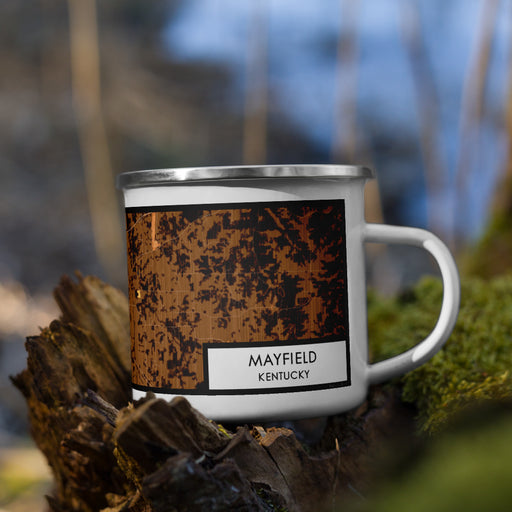 Right View Custom Mayfield Kentucky Map Enamel Mug in Ember on Grass With Trees in Background