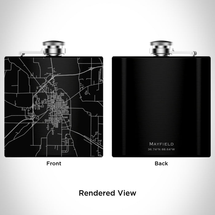 Rendered View of Mayfield Kentucky Map Engraving on 6oz Stainless Steel Flask in Black