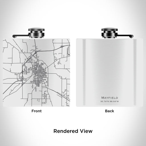 Rendered View of Mayfield Kentucky Map Engraving on 6oz Stainless Steel Flask in White