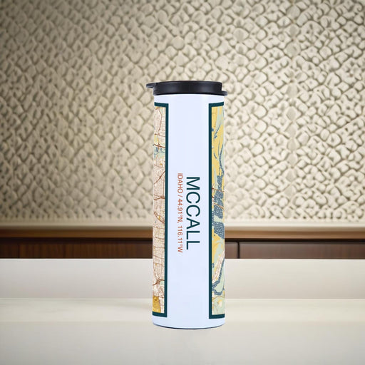 McCall Idaho Custom City Map Inscription Coordinates on 17oz Stainless Steel Insulated Tumbler in Woodblock Map Style