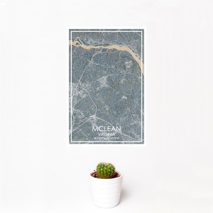 12x18 McLean Virginia Map Print Portrait Orientation in Afternoon Style With Small Cactus Plant in White Planter