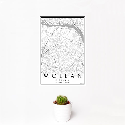 12x18 McLean Virginia Map Print Portrait Orientation in Classic Style With Small Cactus Plant in White Planter