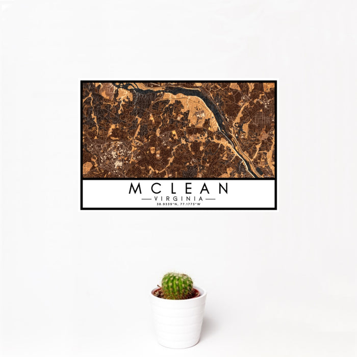 12x18 McLean Virginia Map Print Landscape Orientation in Ember Style With Small Cactus Plant in White Planter