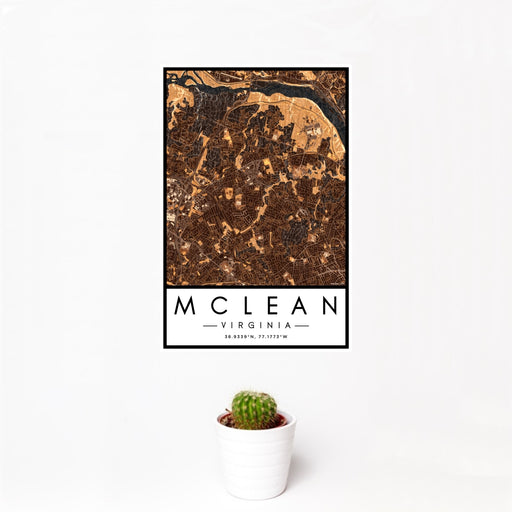 12x18 McLean Virginia Map Print Portrait Orientation in Ember Style With Small Cactus Plant in White Planter