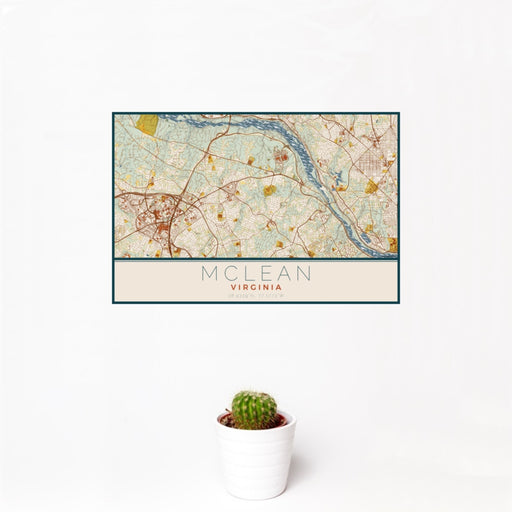 12x18 McLean Virginia Map Print Landscape Orientation in Woodblock Style With Small Cactus Plant in White Planter
