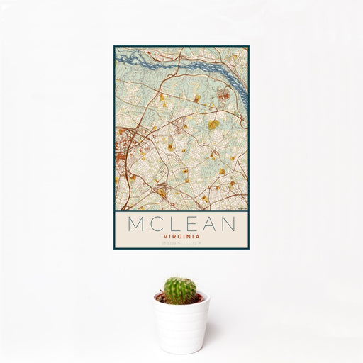 12x18 McLean Virginia Map Print Portrait Orientation in Woodblock Style With Small Cactus Plant in White Planter