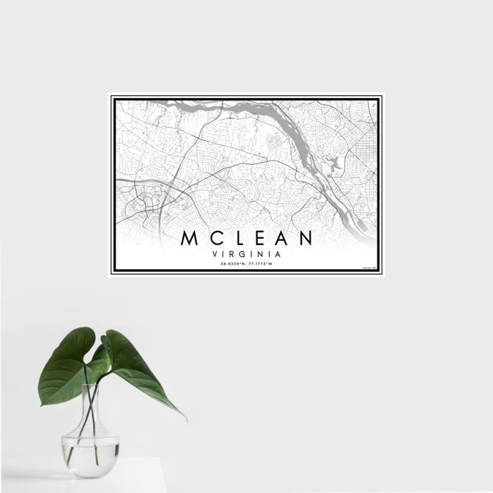 16x24 McLean Virginia Map Print Landscape Orientation in Classic Style With Tropical Plant Leaves in Water