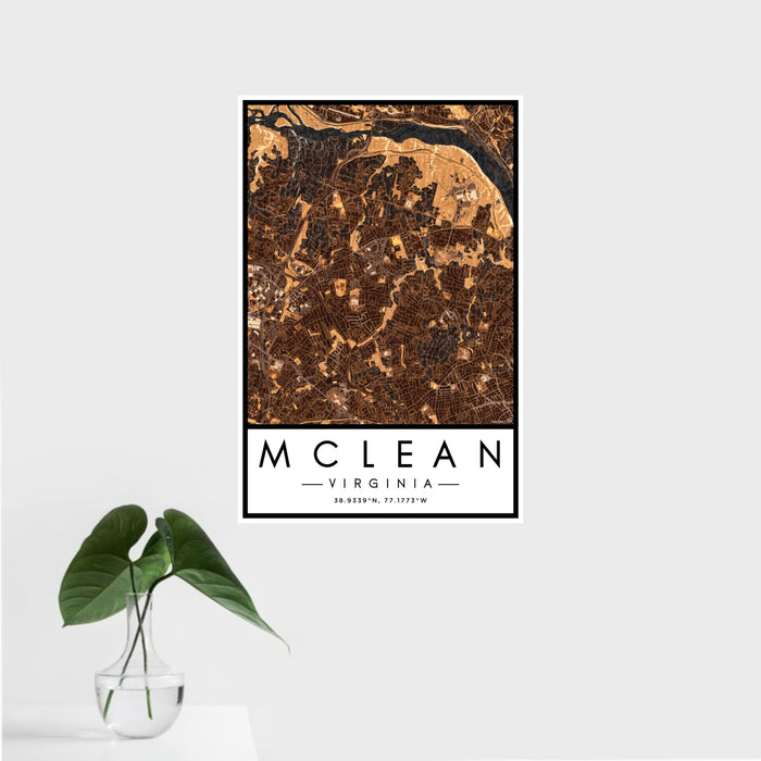 16x24 McLean Virginia Map Print Portrait Orientation in Ember Style With Tropical Plant Leaves in Water