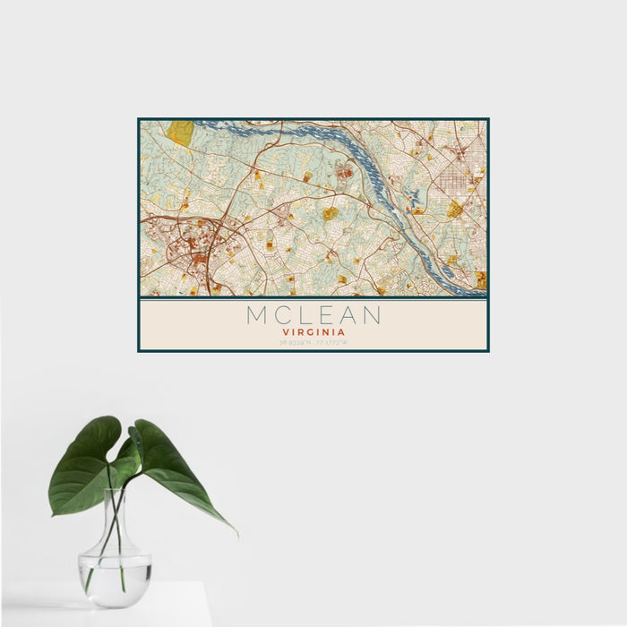 16x24 McLean Virginia Map Print Landscape Orientation in Woodblock Style With Tropical Plant Leaves in Water