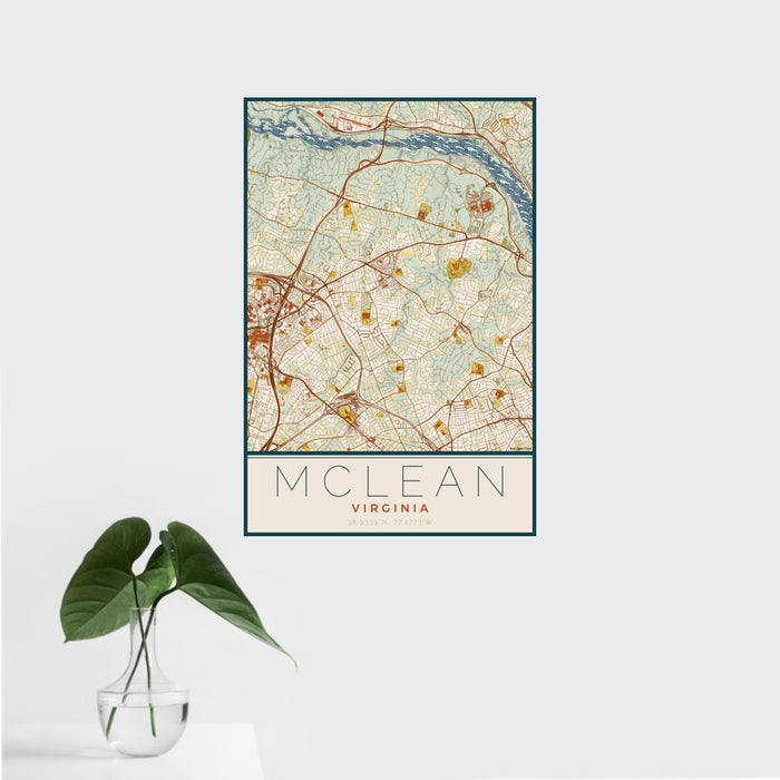 16x24 McLean Virginia Map Print Portrait Orientation in Woodblock Style With Tropical Plant Leaves in Water