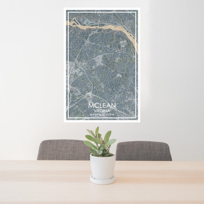 24x36 McLean Virginia Map Print Portrait Orientation in Afternoon Style Behind 2 Chairs Table and Potted Plant