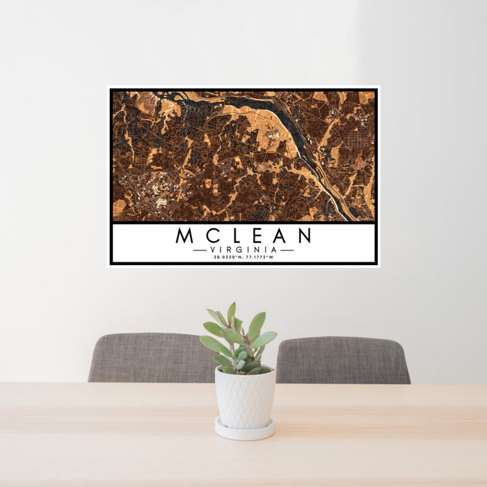 24x36 McLean Virginia Map Print Lanscape Orientation in Ember Style Behind 2 Chairs Table and Potted Plant