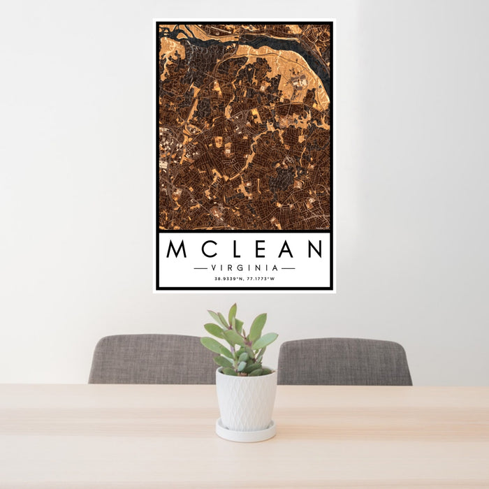 24x36 McLean Virginia Map Print Portrait Orientation in Ember Style Behind 2 Chairs Table and Potted Plant