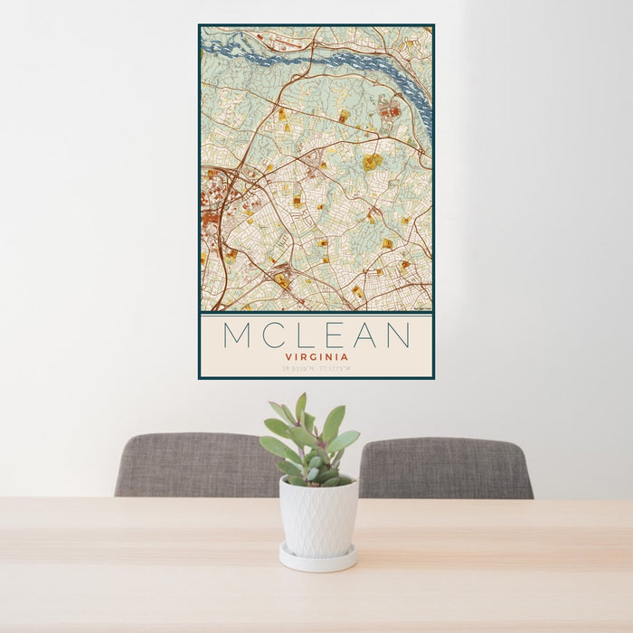 24x36 McLean Virginia Map Print Portrait Orientation in Woodblock Style Behind 2 Chairs Table and Potted Plant