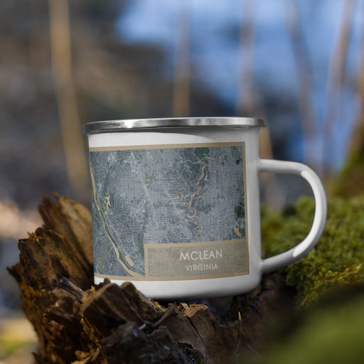 Right View Custom McLean Virginia Map Enamel Mug in Afternoon on Grass With Trees in Background