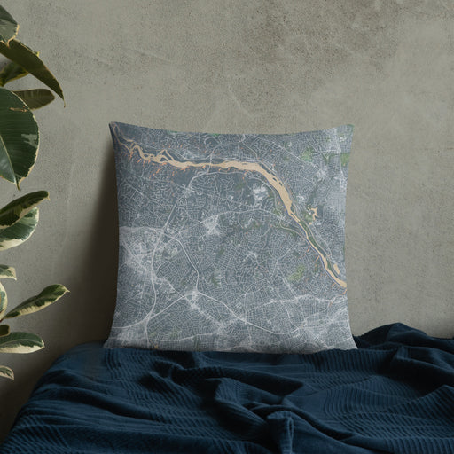 Custom McLean Virginia Map Throw Pillow in Afternoon on Bedding Against Wall