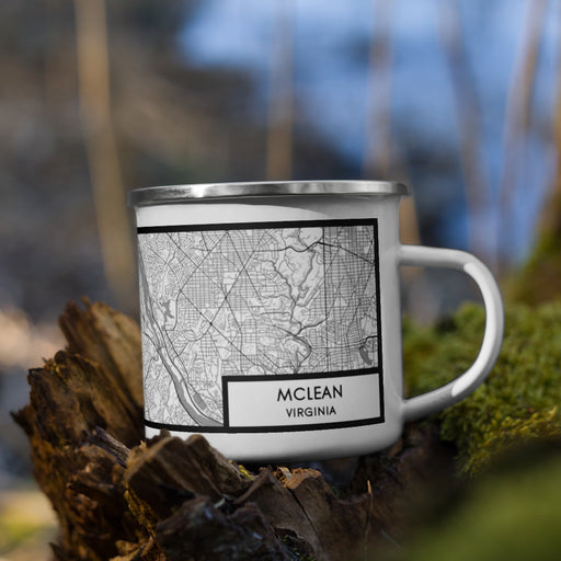 Right View Custom McLean Virginia Map Enamel Mug in Classic on Grass With Trees in Background