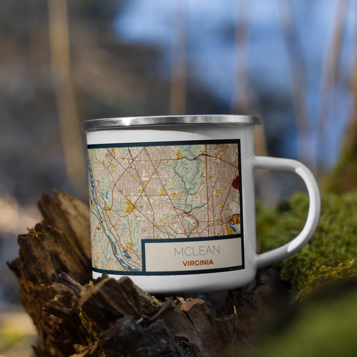Right View Custom McLean Virginia Map Enamel Mug in Woodblock on Grass With Trees in Background