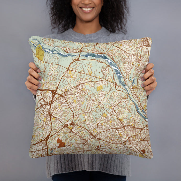 Person holding 18x18 Custom McLean Virginia Map Throw Pillow in Woodblock