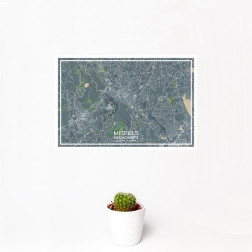 12x18 Medfield Massachusetts Map Print Landscape Orientation in Afternoon Style With Small Cactus Plant in White Planter