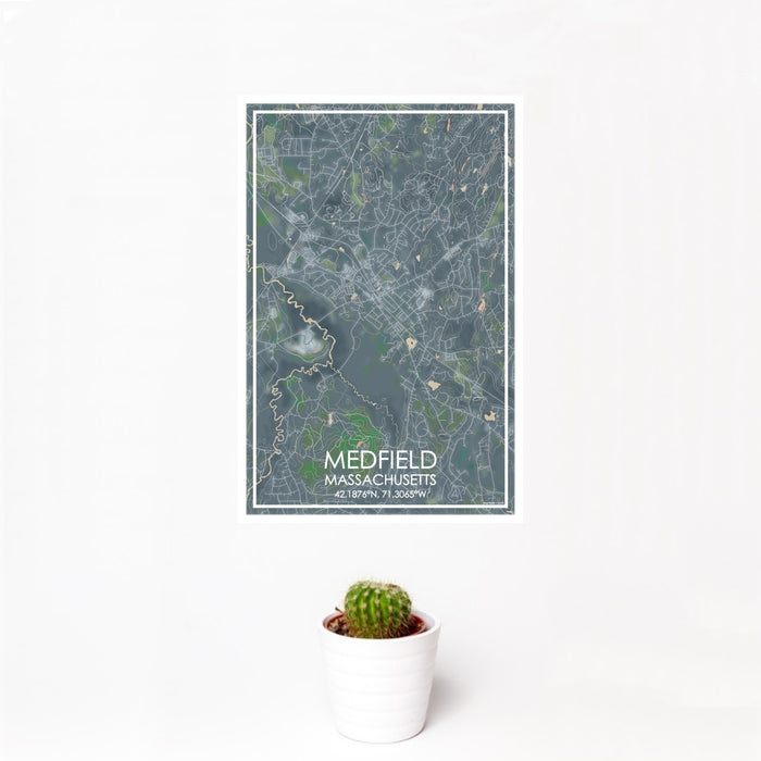 12x18 Medfield Massachusetts Map Print Portrait Orientation in Afternoon Style With Small Cactus Plant in White Planter