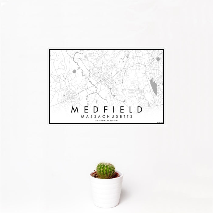 12x18 Medfield Massachusetts Map Print Landscape Orientation in Classic Style With Small Cactus Plant in White Planter