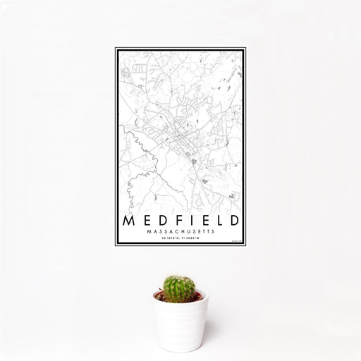 12x18 Medfield Massachusetts Map Print Portrait Orientation in Classic Style With Small Cactus Plant in White Planter