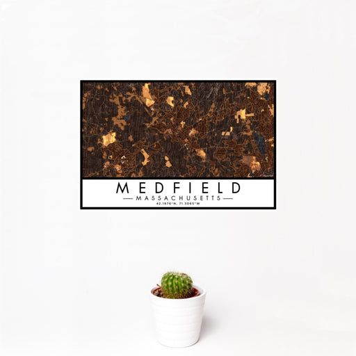 12x18 Medfield Massachusetts Map Print Landscape Orientation in Ember Style With Small Cactus Plant in White Planter