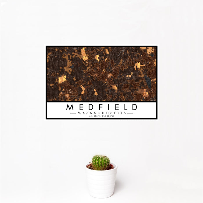 12x18 Medfield Massachusetts Map Print Landscape Orientation in Ember Style With Small Cactus Plant in White Planter