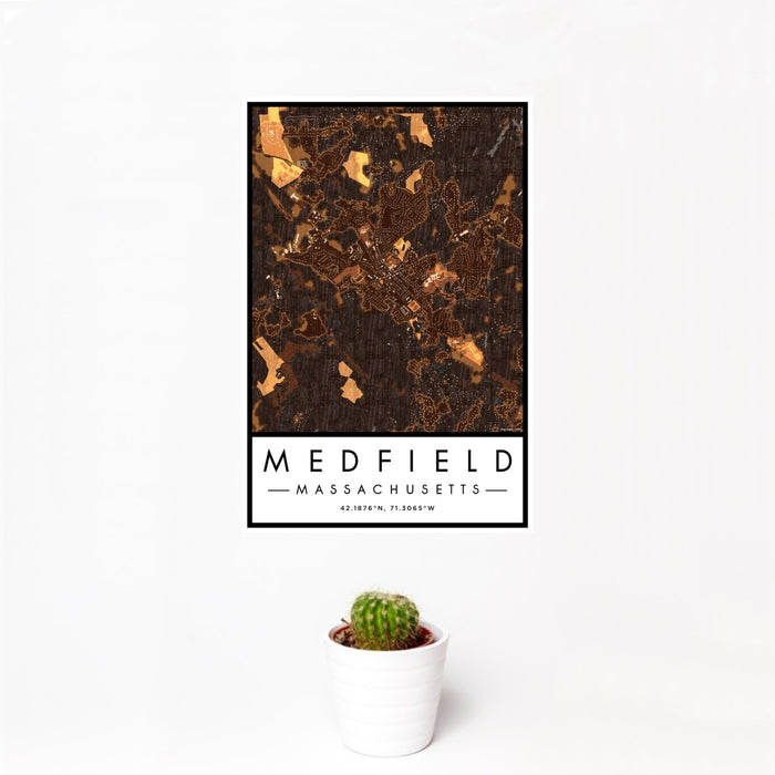 12x18 Medfield Massachusetts Map Print Portrait Orientation in Ember Style With Small Cactus Plant in White Planter