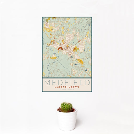 12x18 Medfield Massachusetts Map Print Portrait Orientation in Woodblock Style With Small Cactus Plant in White Planter