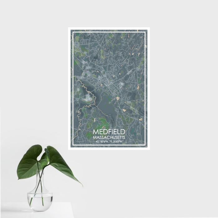 16x24 Medfield Massachusetts Map Print Portrait Orientation in Afternoon Style With Tropical Plant Leaves in Water