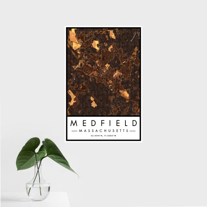 16x24 Medfield Massachusetts Map Print Portrait Orientation in Ember Style With Tropical Plant Leaves in Water