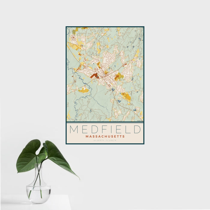 16x24 Medfield Massachusetts Map Print Portrait Orientation in Woodblock Style With Tropical Plant Leaves in Water