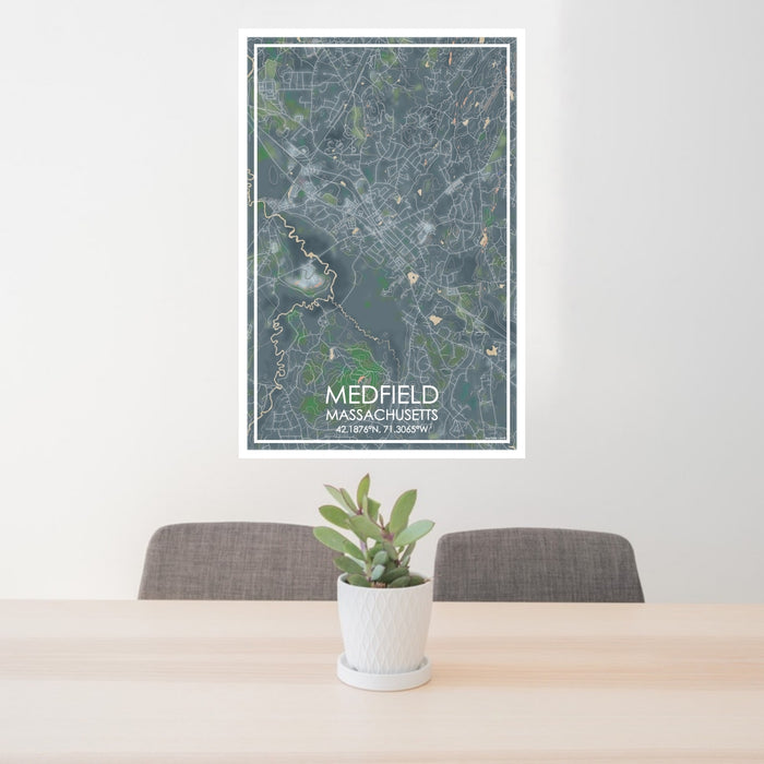 24x36 Medfield Massachusetts Map Print Portrait Orientation in Afternoon Style Behind 2 Chairs Table and Potted Plant