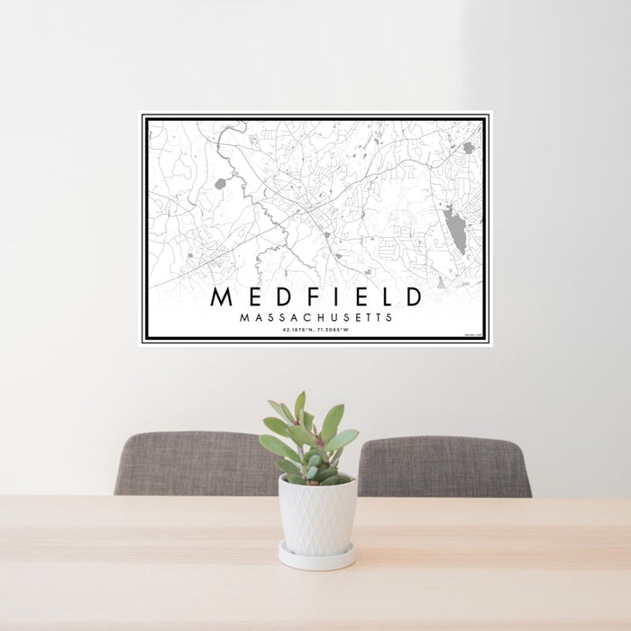 24x36 Medfield Massachusetts Map Print Lanscape Orientation in Classic Style Behind 2 Chairs Table and Potted Plant