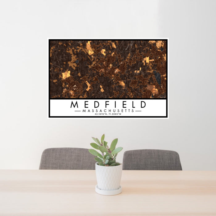 24x36 Medfield Massachusetts Map Print Lanscape Orientation in Ember Style Behind 2 Chairs Table and Potted Plant