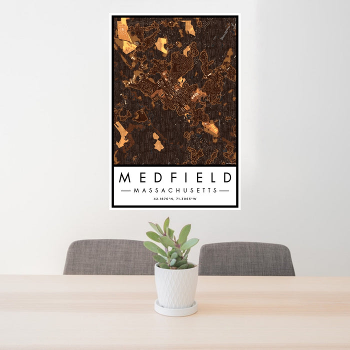 24x36 Medfield Massachusetts Map Print Portrait Orientation in Ember Style Behind 2 Chairs Table and Potted Plant