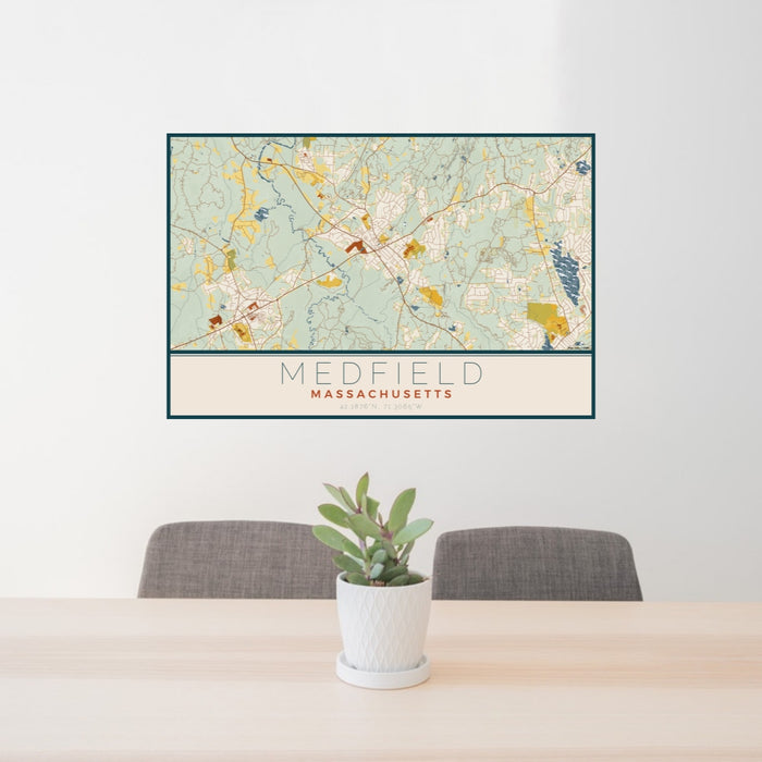 24x36 Medfield Massachusetts Map Print Lanscape Orientation in Woodblock Style Behind 2 Chairs Table and Potted Plant