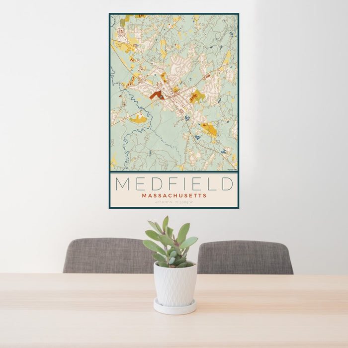 24x36 Medfield Massachusetts Map Print Portrait Orientation in Woodblock Style Behind 2 Chairs Table and Potted Plant