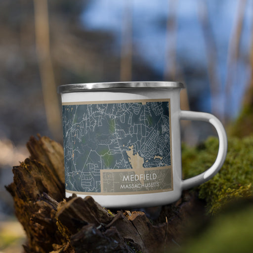 Right View Custom Medfield Massachusetts Map Enamel Mug in Afternoon on Grass With Trees in Background